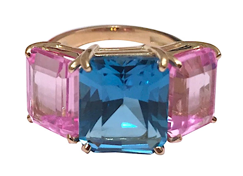 18kt Yellow Gold Mini Emerald Cut Ring with Blue Topaz and Peridot