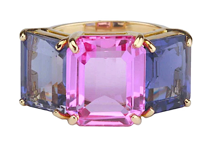 18kt Yellow Gold Mini Emerald Cut Ring with Blue Topaz and Peridot