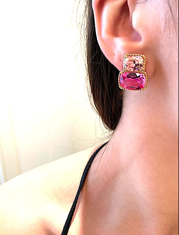 Double Cushion Pink and Blue Topaz Stone Diamond Yellow Gold Earrings