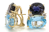 18kt Yellow Gold Blue Topaz and Rock Crystal Three Stone Ring with Rope Twist Border