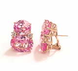 Pink Topaz Rock Crystal Blue Topaz Yellow Gold Three Stone Drop Earrings