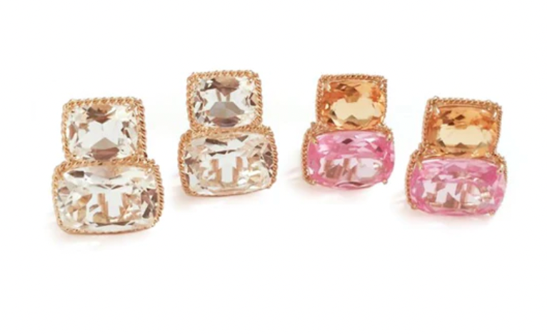 Yellow Gold Double Cushion Earrings with Rock Crystal and Smoky Topaz