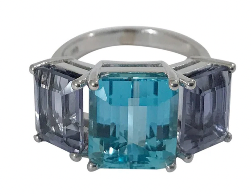18kt Yellow Gold Mini Emerald Cut Ring with Blue Topaz and Peridot