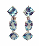 Pink Topaz Rock Crystal Blue Topaz Yellow Gold Three Stone Drop Earrings