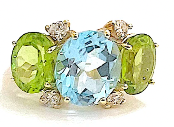 18kt Yellow Gold Mini Emerald Cut Ring with Blue Topaz and Peridot