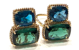 18kt Yellow Gold Cushion Cut Earring with Rope Twist Border with Blue Topaz and Green Quartz