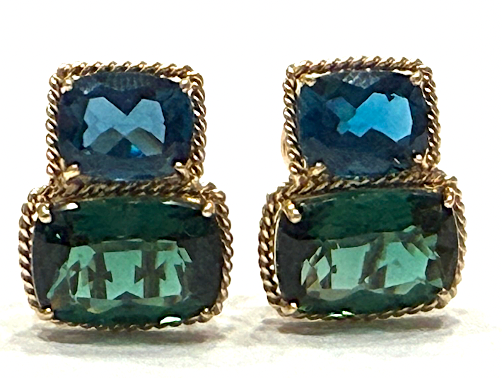 18kt Yellow Gold Cushion Cut Earring with Rope Twist Border with Blue Topaz and Green Quartz