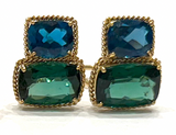 18kt Yellow Gold Cushion Cut Earring with Rope Twist Border with Blue Topaz and Green Quartz