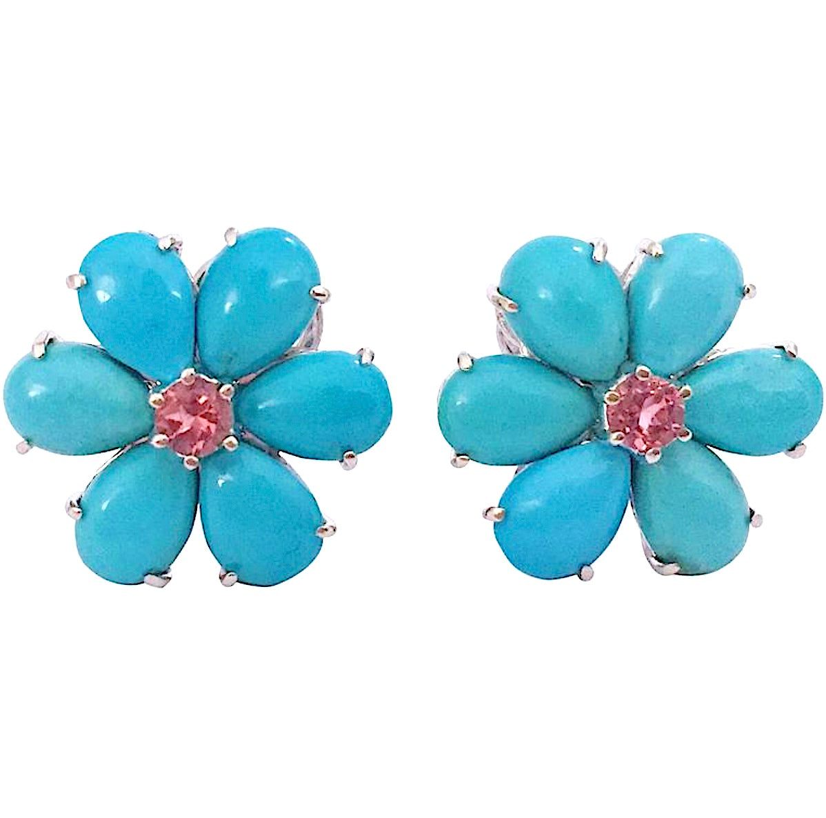 Rubelite Turquoise Gold Flower Earrings