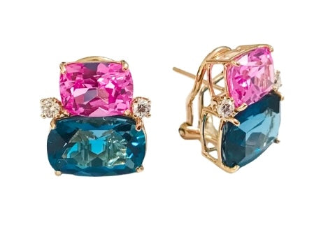 Double Cushion Pink and Blue Topaz Stone Diamond Yellow Gold Earrings