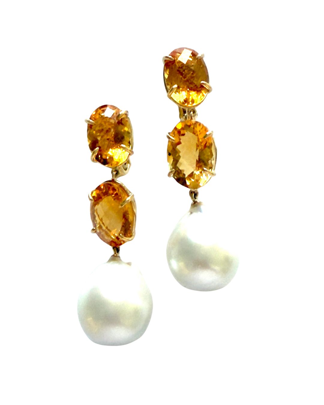 Elegant Three-Stone Drop Earring with Pink Topaz and South Sea Baroque Pearl