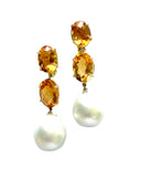 Elegant Three-Stone Drop Earring with Oval Citrine and Baroque Pearl