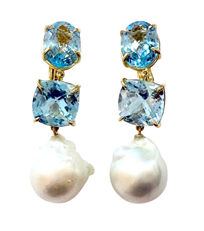 Elegant Three-Stone Drop Earring with Blue Topaz and Baroque Pearl