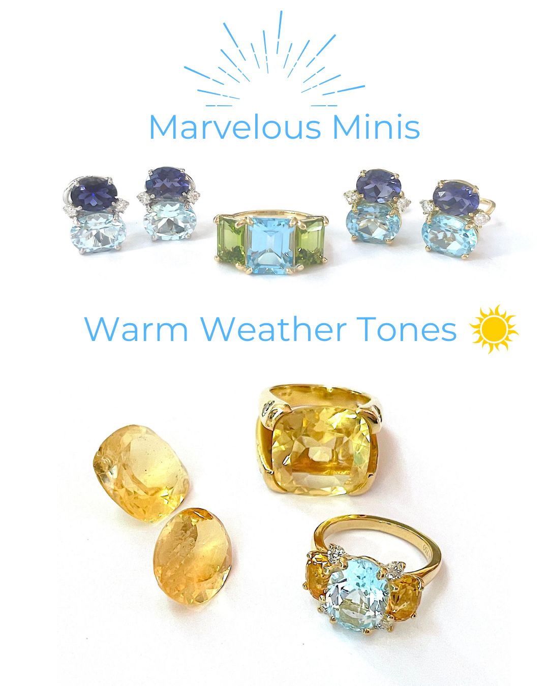 18kt Yellow Gold Mini Emerald Cut Ring with Blue Topaz and Peridot