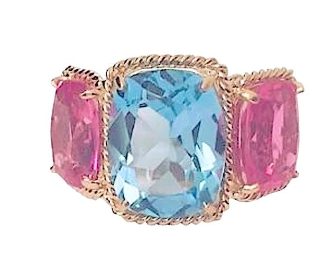 Elegant Three-Stone Ring with Gold Rope Twist Border with Blue Topaz and Pink Topaz