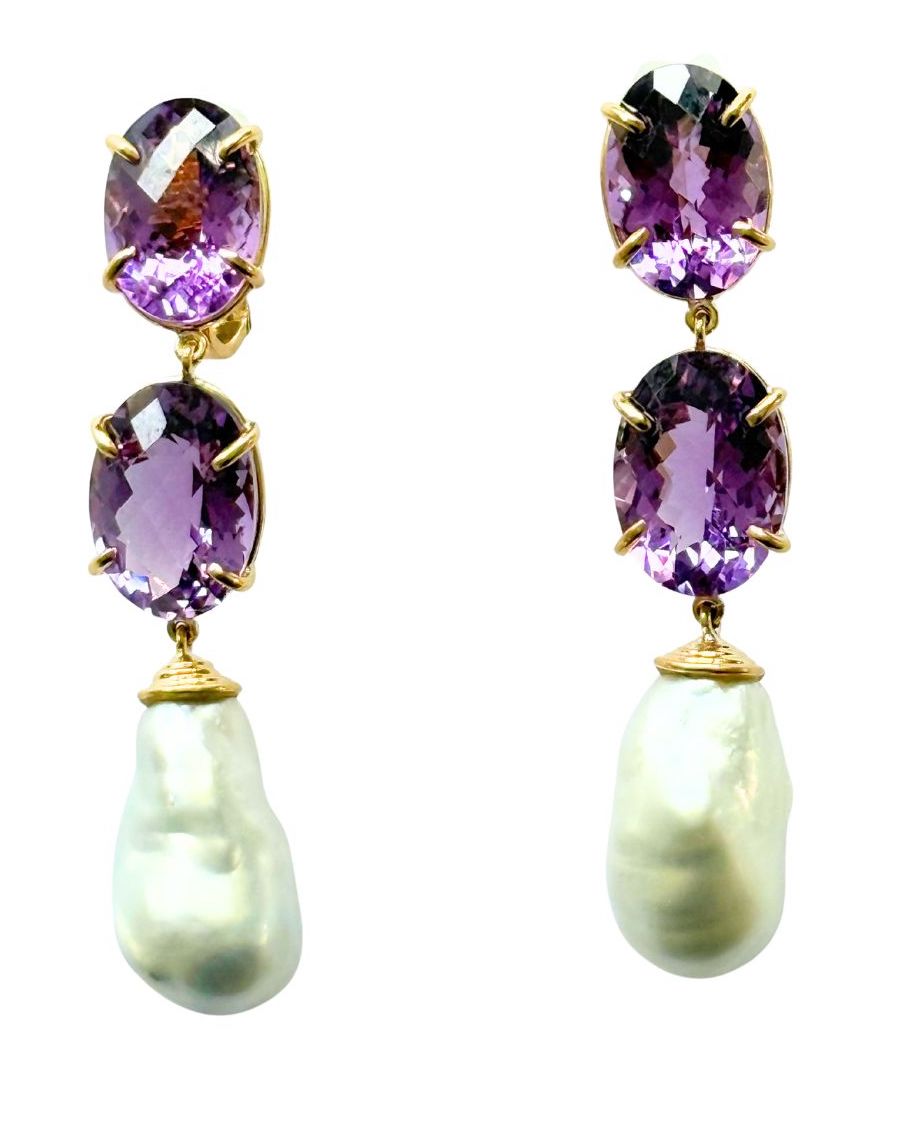 Elegant Three-Stone Drop Earring with Blue Topaz and Baroque Pearl
