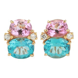 Pink Topaz Rock Crystal Blue Topaz Yellow Gold Three Stone Drop Earrings