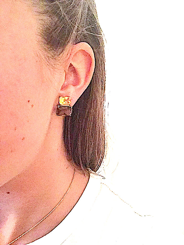 Yellow Gold Double Cushion Earrings with Rock Crystal and Smoky Topaz