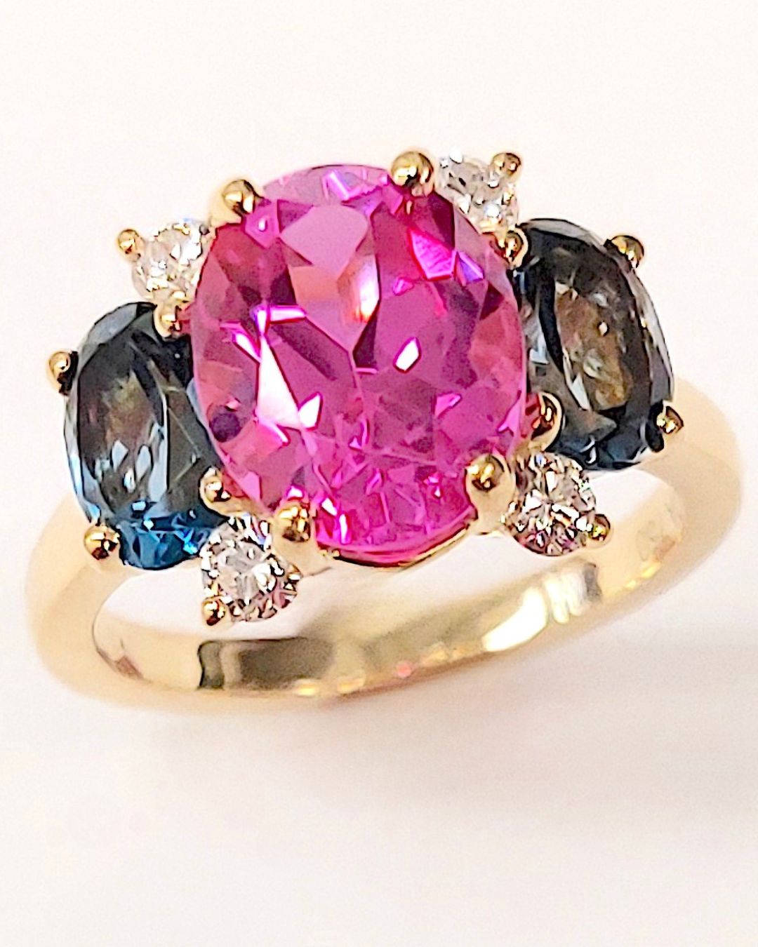 Small GUM DROP™ Ring with Bright Pink Topaz and Blue Topaz and Diamonds