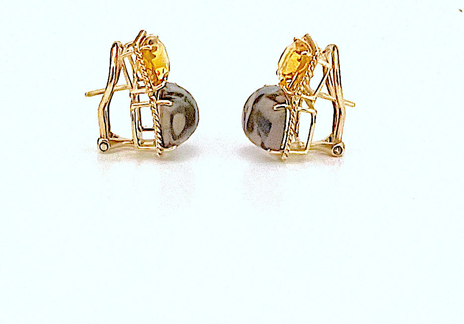 Yellow Gold Double Cushion Earrings with Rock Crystal and Smoky Topaz