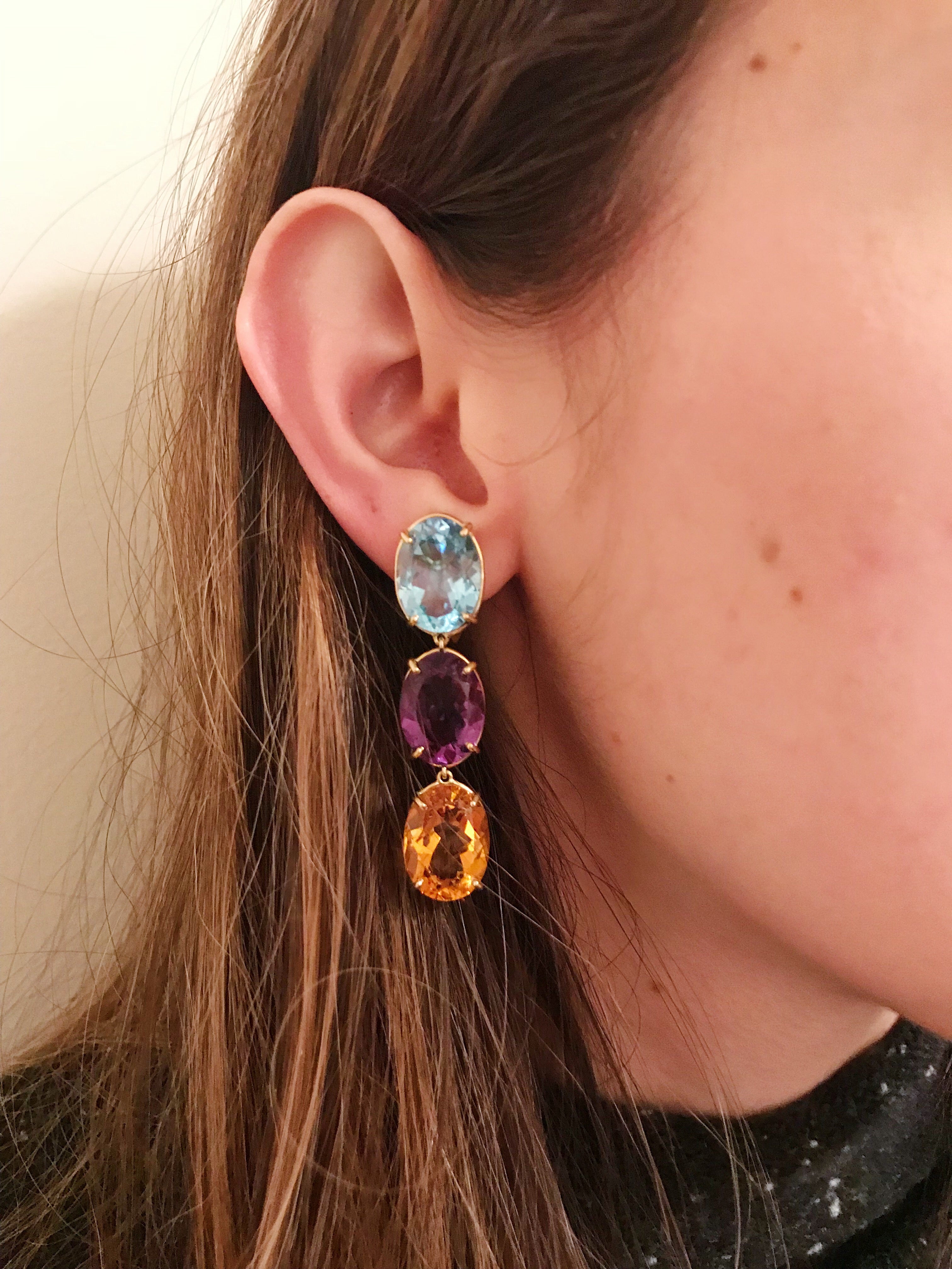 Elegant Three-Stone Drop Earring with Pink Topaz and South Sea Baroque Pearl