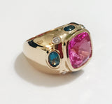 Bonheur Ring, Pink Topaz and Blue Topaz and Diamond Yellow Gold Domed Ring