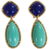 Elegant Lapis Turquoise Gold Rope Twist Edged Cushion Drop Earrings