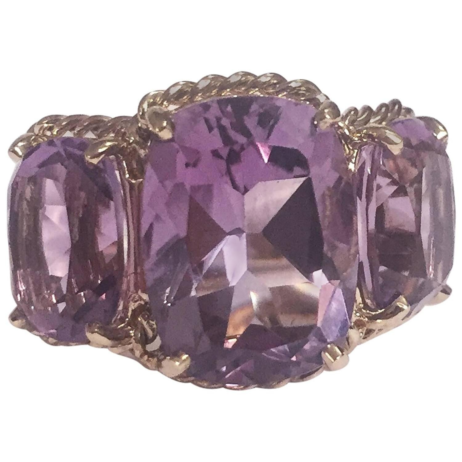 Elegant Three Stone Ring with Gold Rope Twist Border