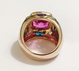 Bonheur Ring, Pink Topaz and Blue Topaz and Diamond Yellow Gold Domed Ring