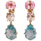 Pink Topaz Rock Crystal Blue Topaz Yellow Gold Three Stone Drop Earrings