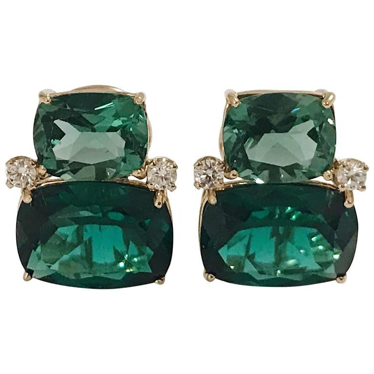 Double Cushion Green Quartz Diamond Yellow Gold Earrings