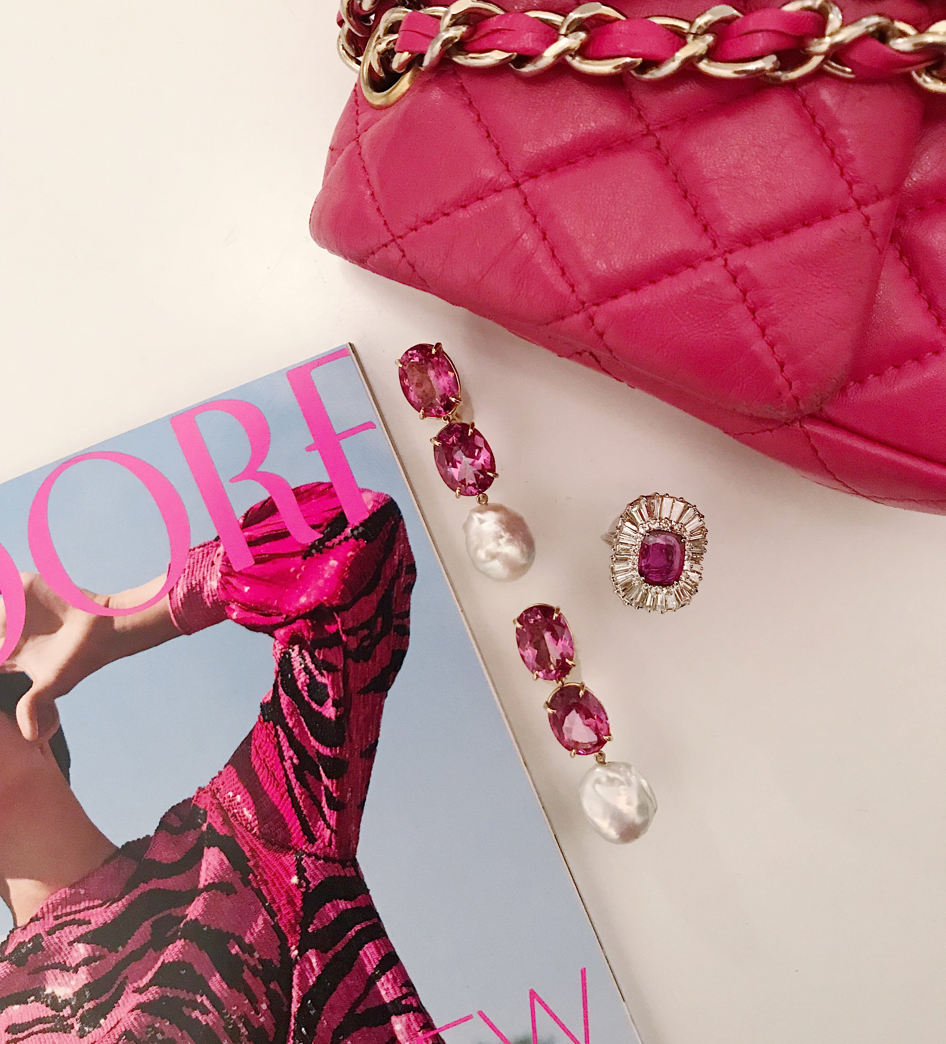 Elegant Three-Stone Drop Earring with Pink Topaz and South Sea Baroque Pearl