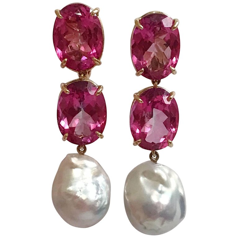 Elegant Three-Stone Drop Earring with Pink Topaz and South Sea Baroque Pearl