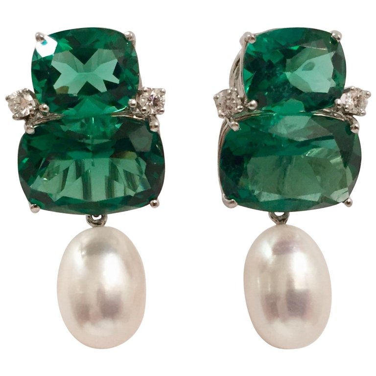 Double Cushion Green Quartz Earrings with Detachable Pearls