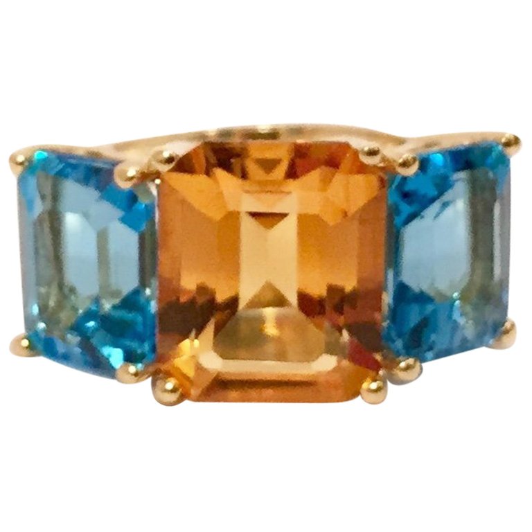 18kt Yellow Gold Mini Emerald Cut Ring with Blue Topaz and Peridot