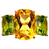 Citrine and Peridot Yellow Gold Three-Stone Cushion Ring