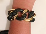 Elegant Alternating Yellow Gold and Ebony Wood Curved Link Bracelet