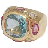 Bonheur Ring, Pink Topaz and Blue Topaz and Diamond Yellow Gold Domed Ring