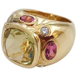 Bonheur Ring, Pink Topaz and Blue Topaz and Diamond Yellow Gold Domed Ring