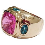 Bonheur Ring, Pink Topaz and Blue Topaz and Diamond Yellow Gold Domed Ring