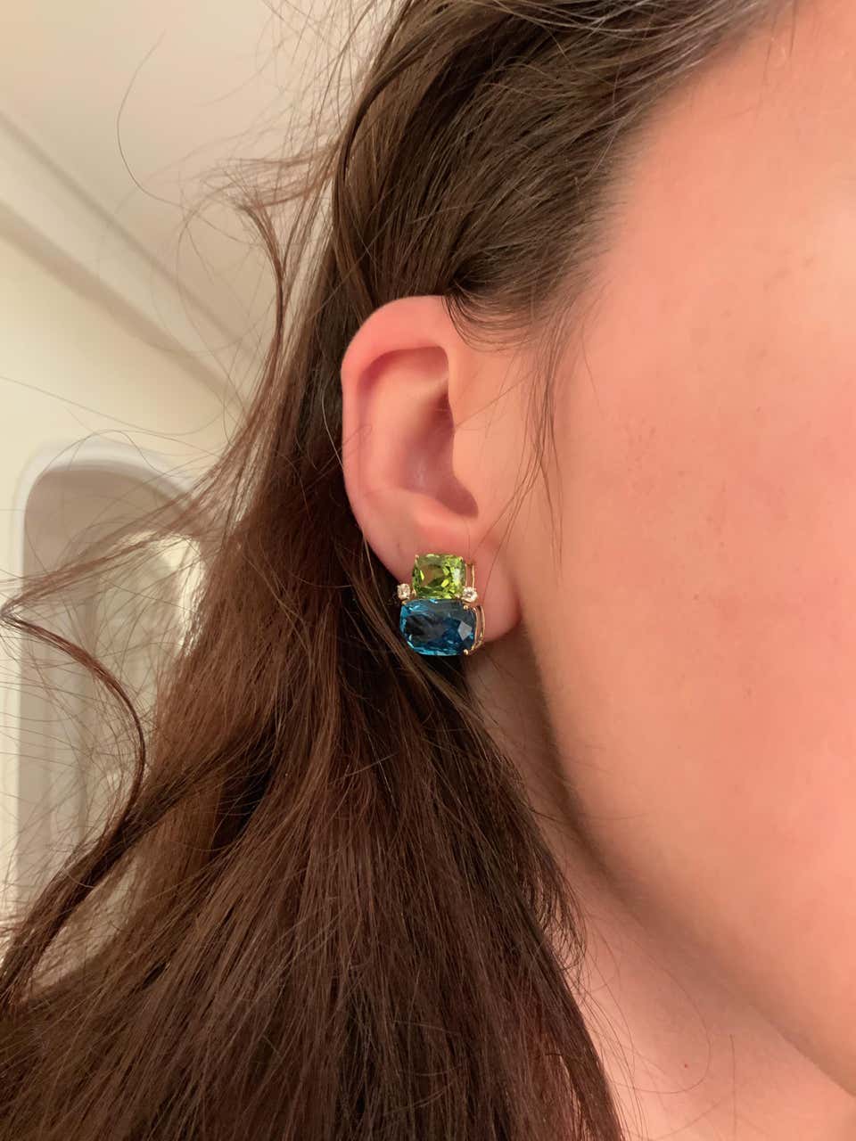 18Kt Yellow Gold Cushion Cut Cabochon Peridot Earrings with Diamonds