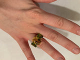 Citrine and Peridot Yellow Gold Three-Stone Cushion Ring