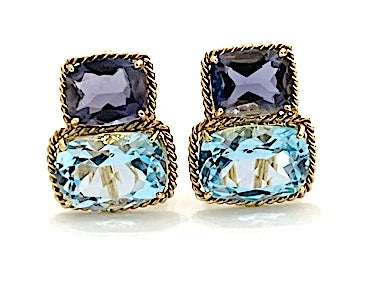 18kt Yellow Gold Medium Cushion Cut Earring with Rope Twist Border with Iolite and Blue Topaz