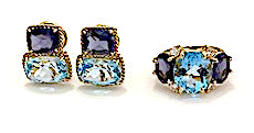 18kt Yellow Gold Medium Cushion Cut Earring with Rope Twist Border with Blue Topaz and Pink Topaz