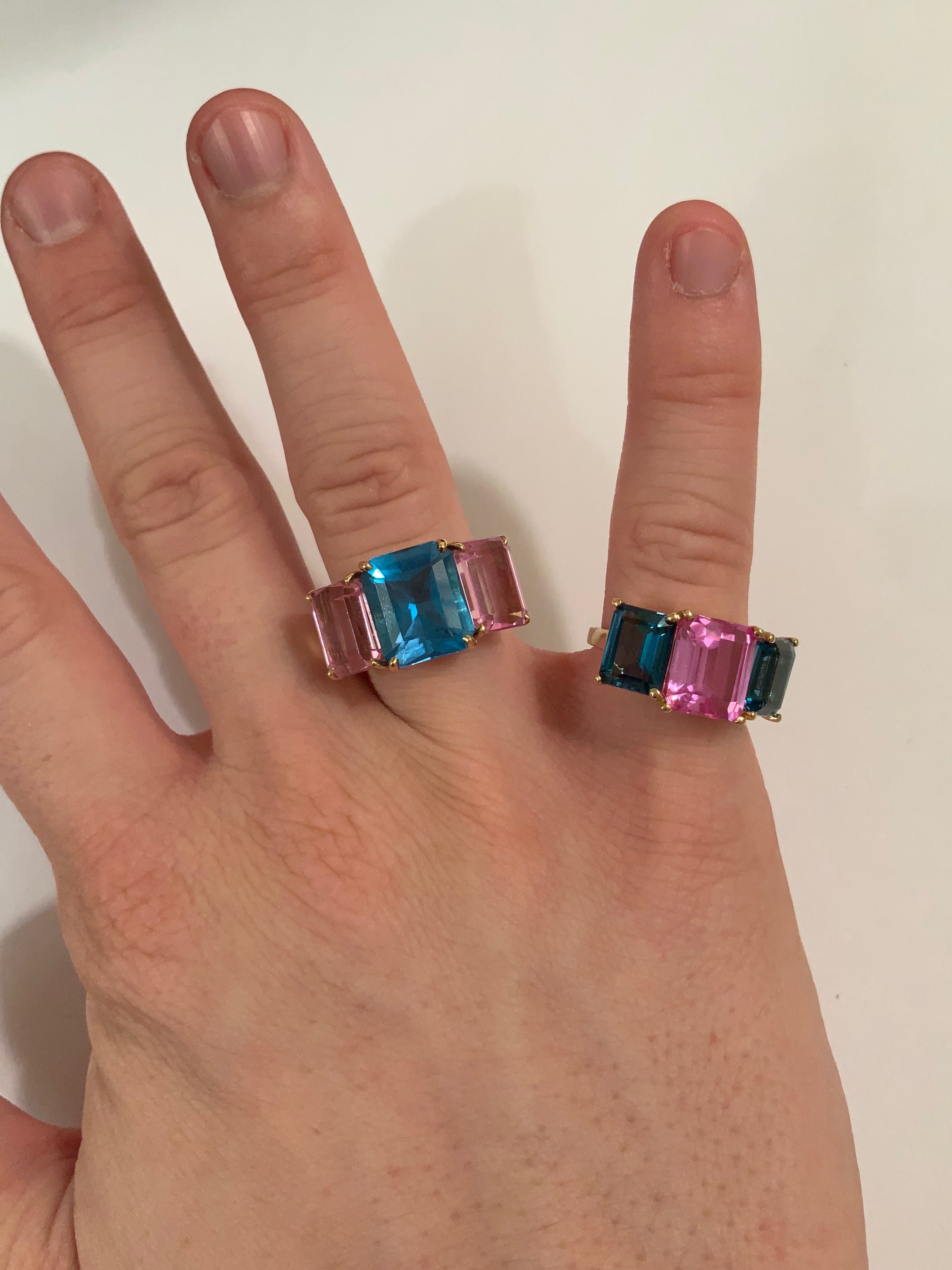 Bright Blue and Bright Pink Topaz Emerald cut three stone ring