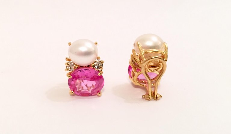 Large GUM DROP™ Earrings with Pearls and Pink Topaz and Diamonds