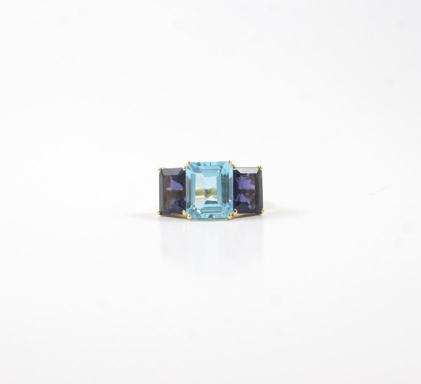 18kt Yellow Gold Emerald Cut Ring with Blue Topaz and Iolite