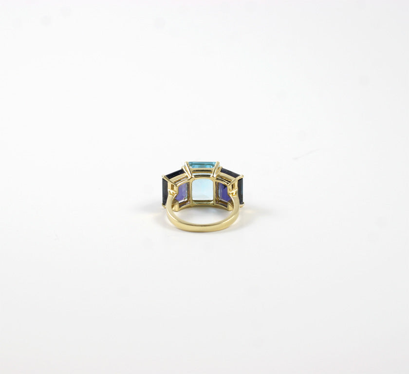 18kt Yellow Gold Emerald Cut Ring with Blue Topaz and Iolite