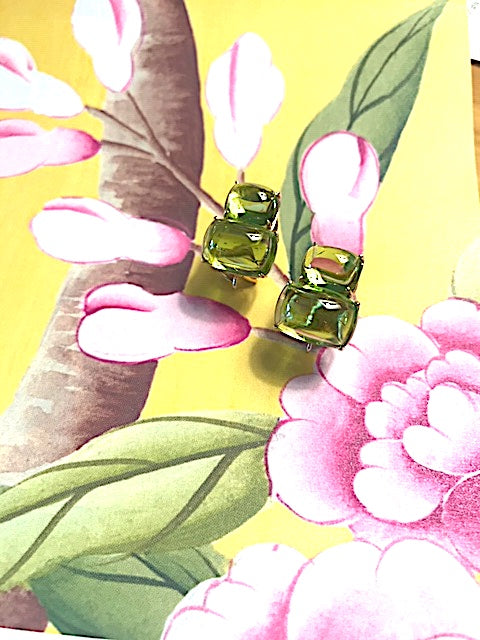 18kt Yellow Gold Medium Double Cushion Cut Earring with Rope Twist Border with Kunzite and Green Amethyst