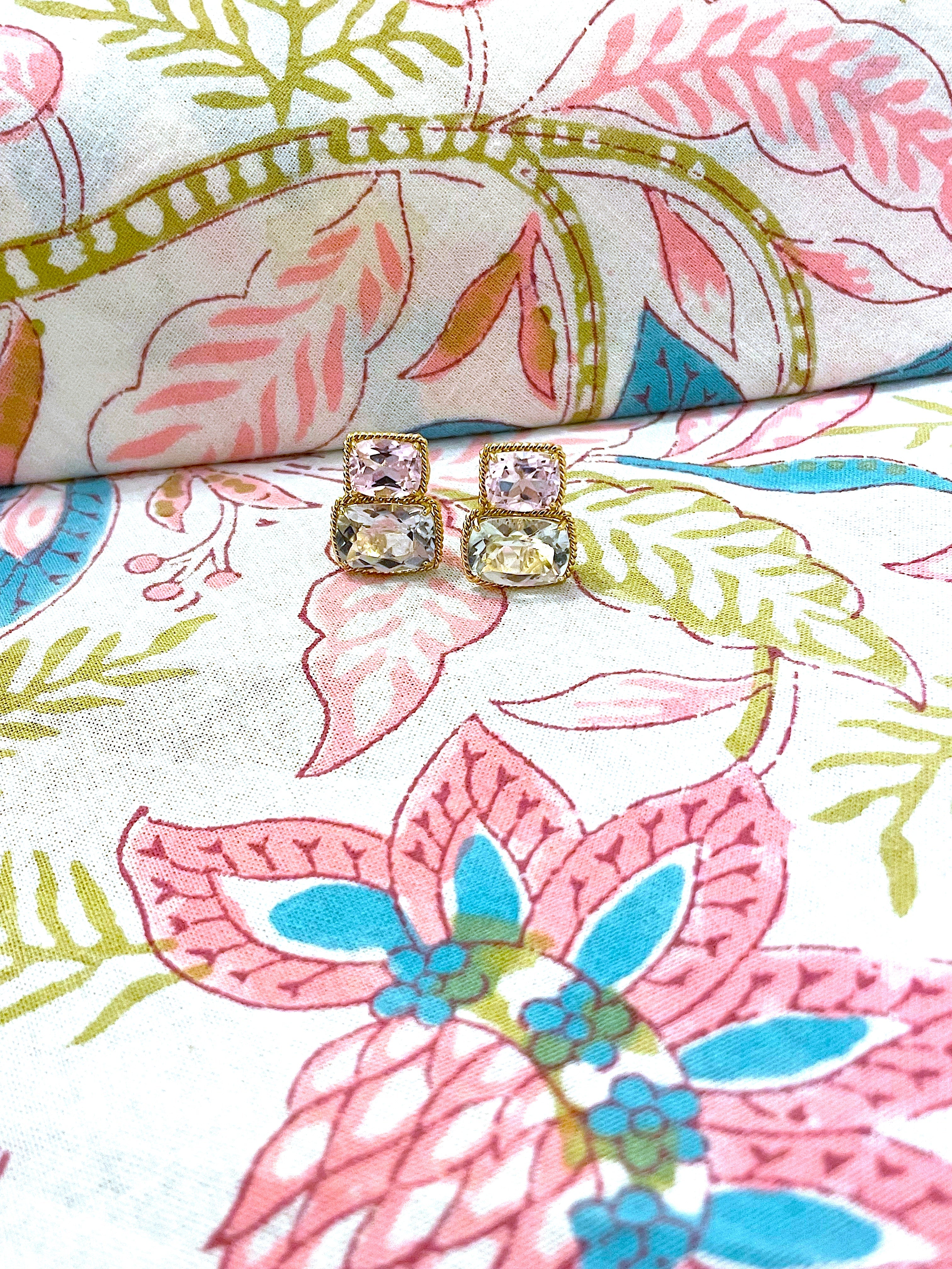 18kt Yellow Gold Cushion Rope Twist Border Earring with Citrine and Smoky Topaz